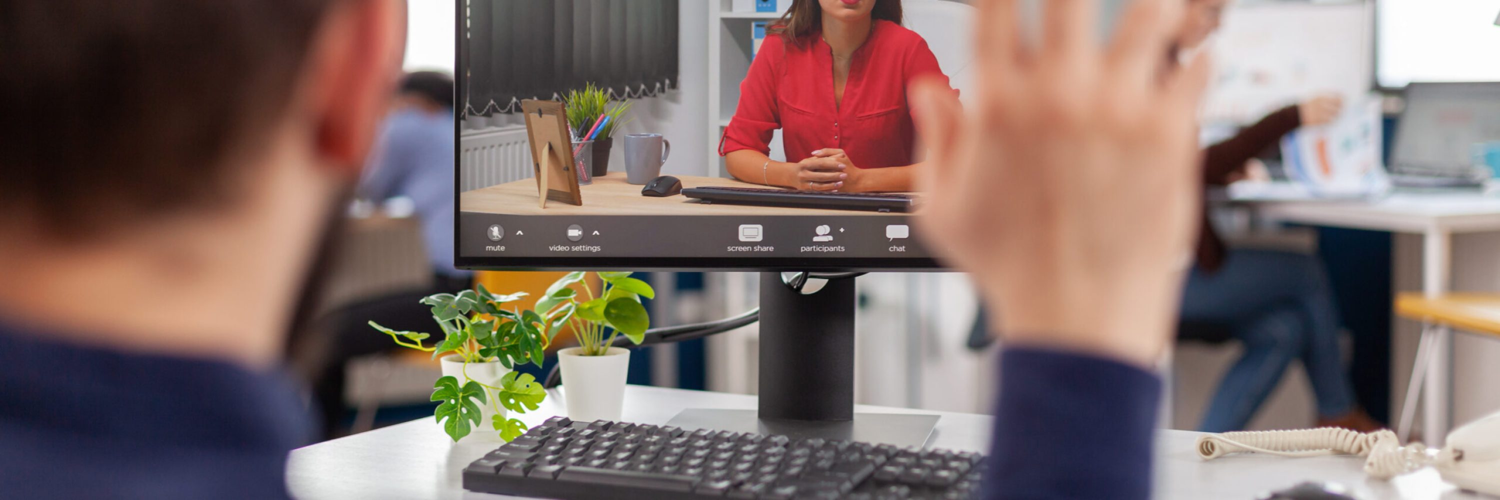 handicapped manager talking videocall with team leader sitting front camera computer during virtual conference working strat up business office scaled